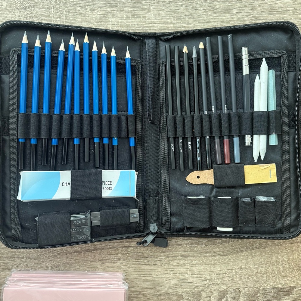 Black and Blue Art Supply Case with Drawing & Illustrations Tools